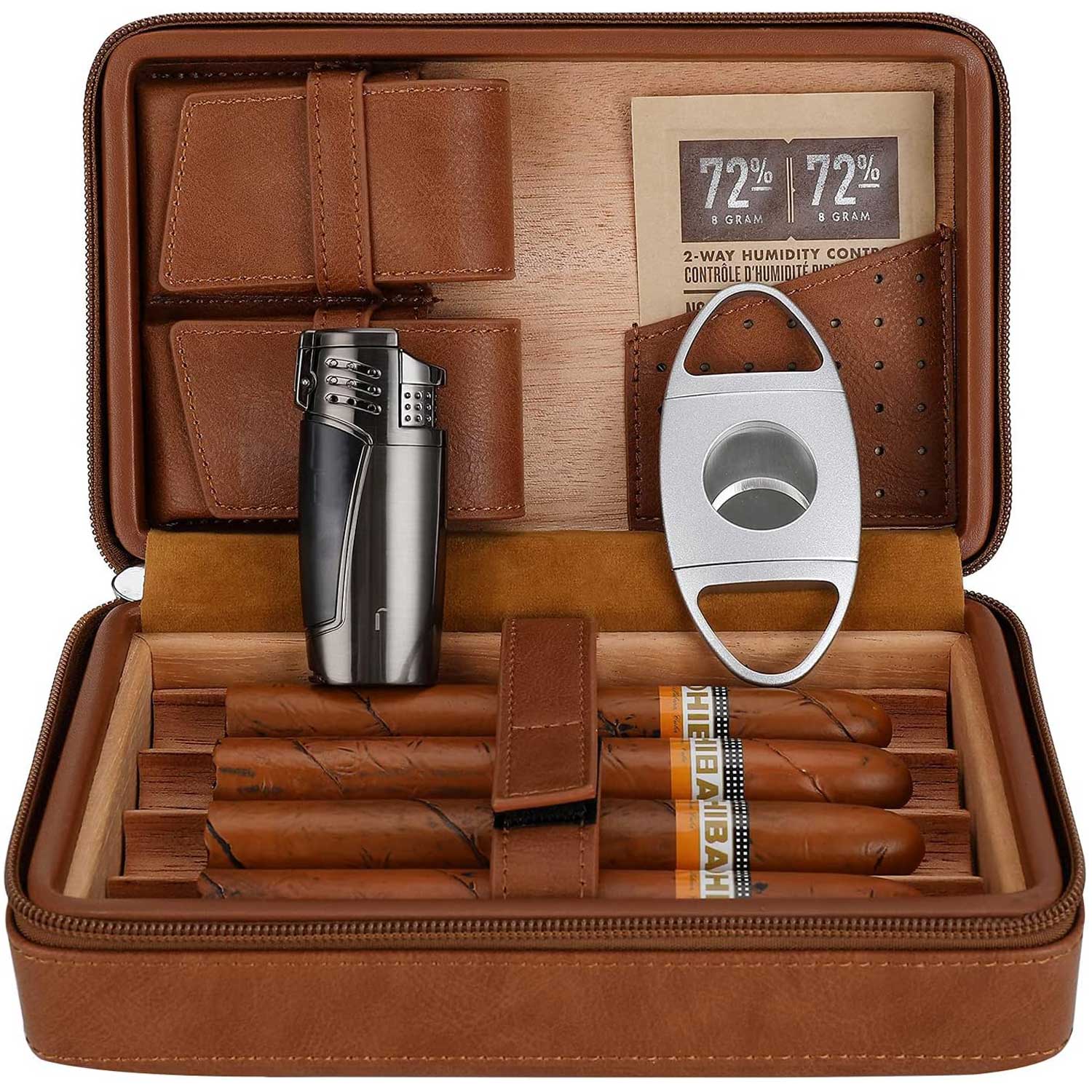 Cedar Wood Leather Cigar Case with Cigar Accessories Gift Set-Benjamin