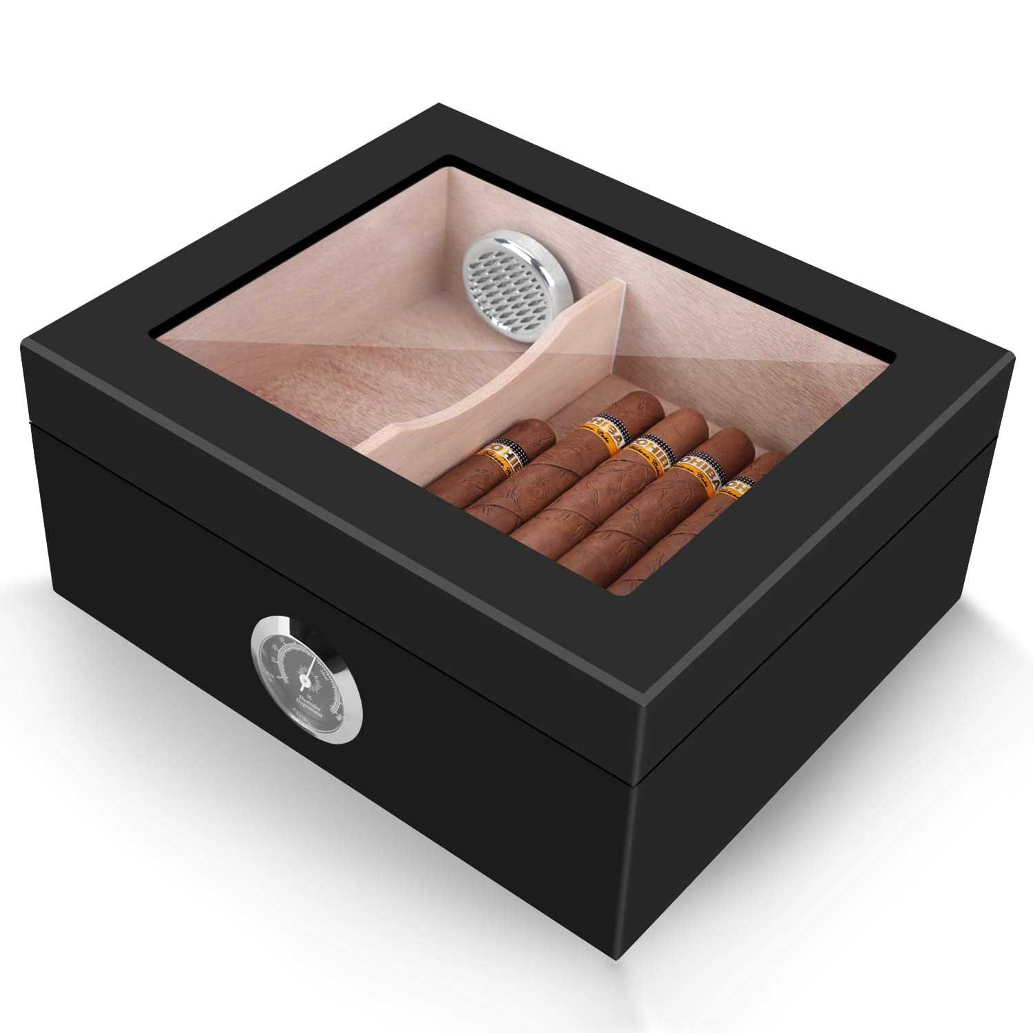Black glass-top cedar humidor with front hygrometer