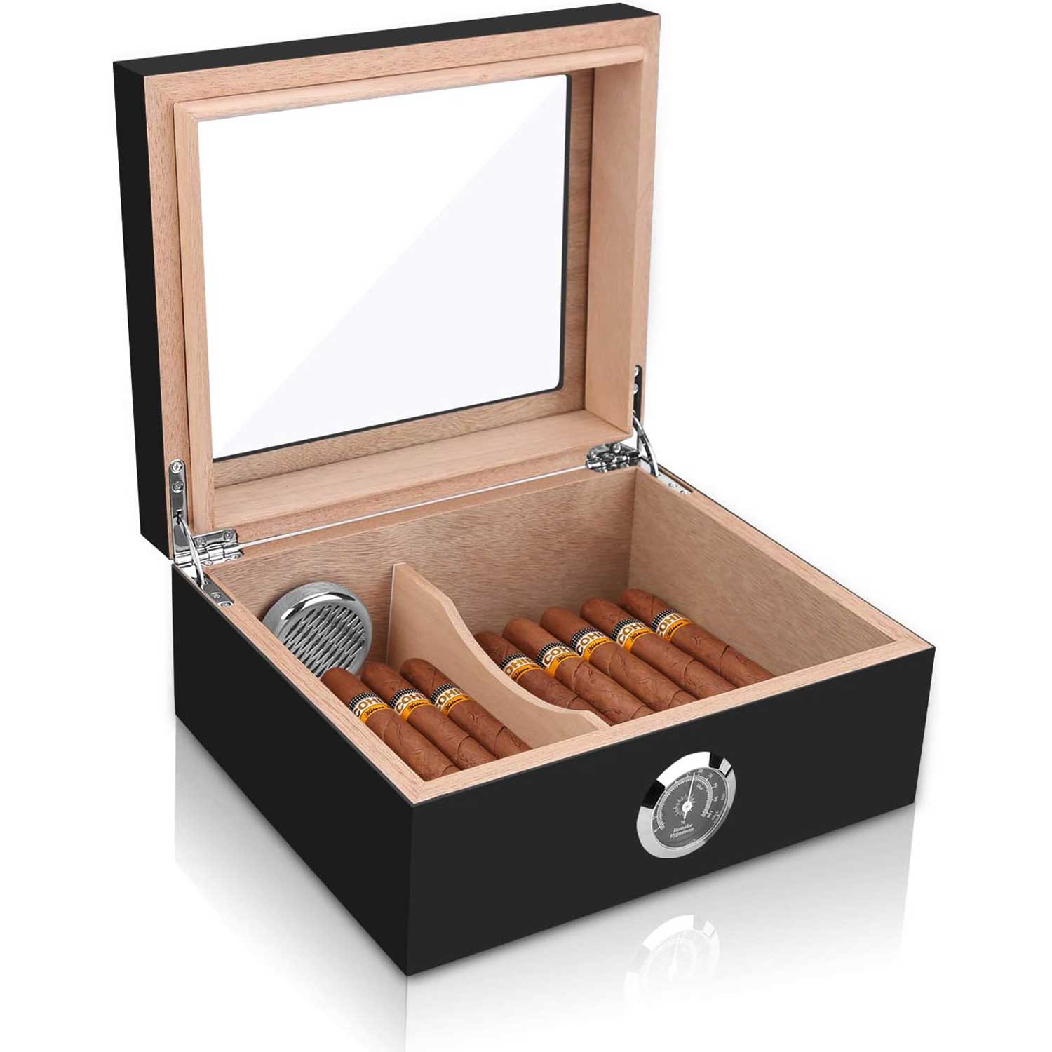 Open desktop humidor showing cedar divider and round humidifier
