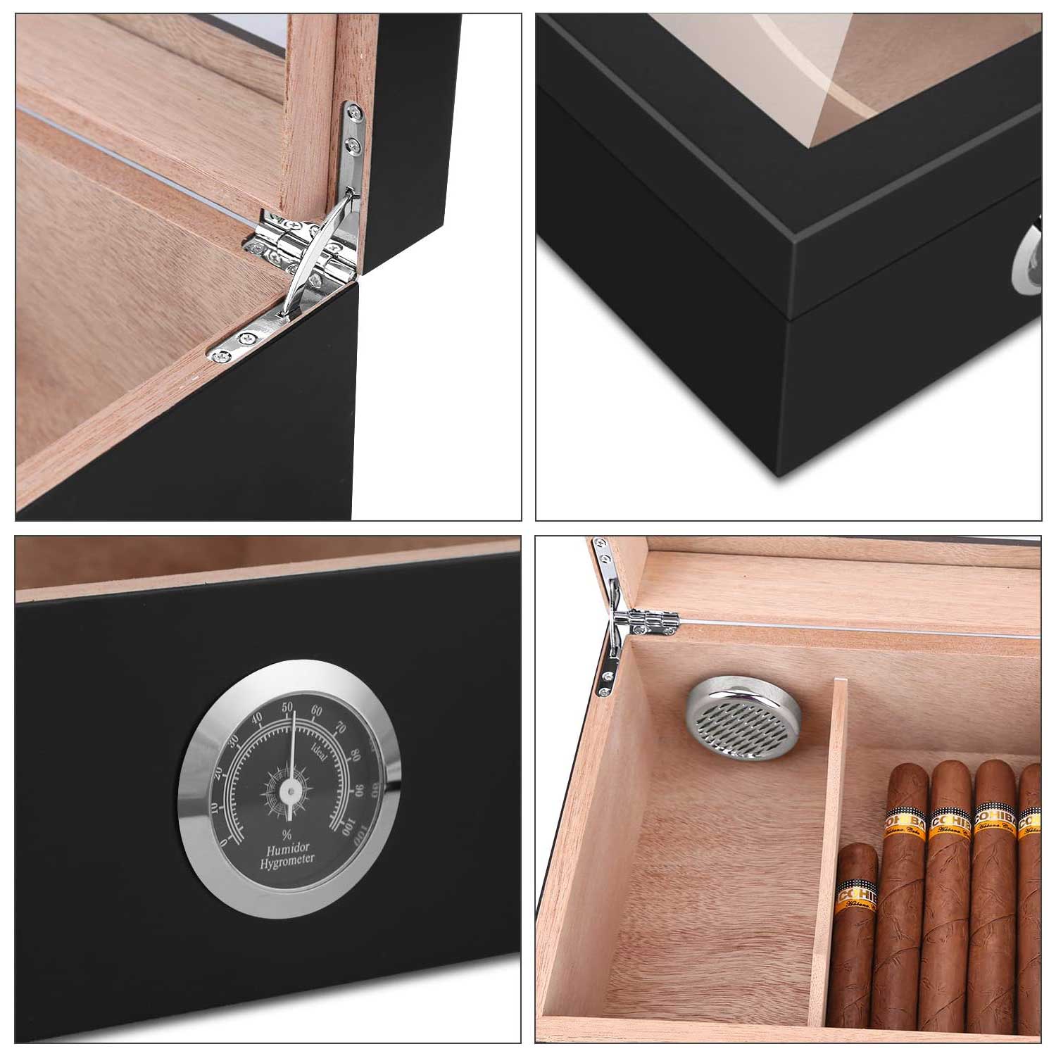 Close-ups of desktop humidor hinge, black finish, hygrometer and interior