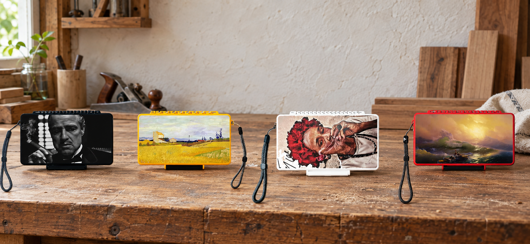 Custom cigar travel cases displayed in a woodworking studio