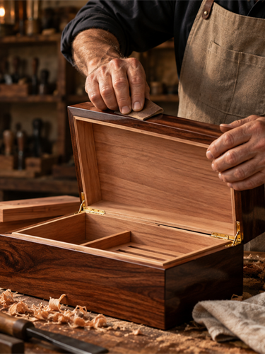 Handcrafted wooden cigar humidor in the family workshop
