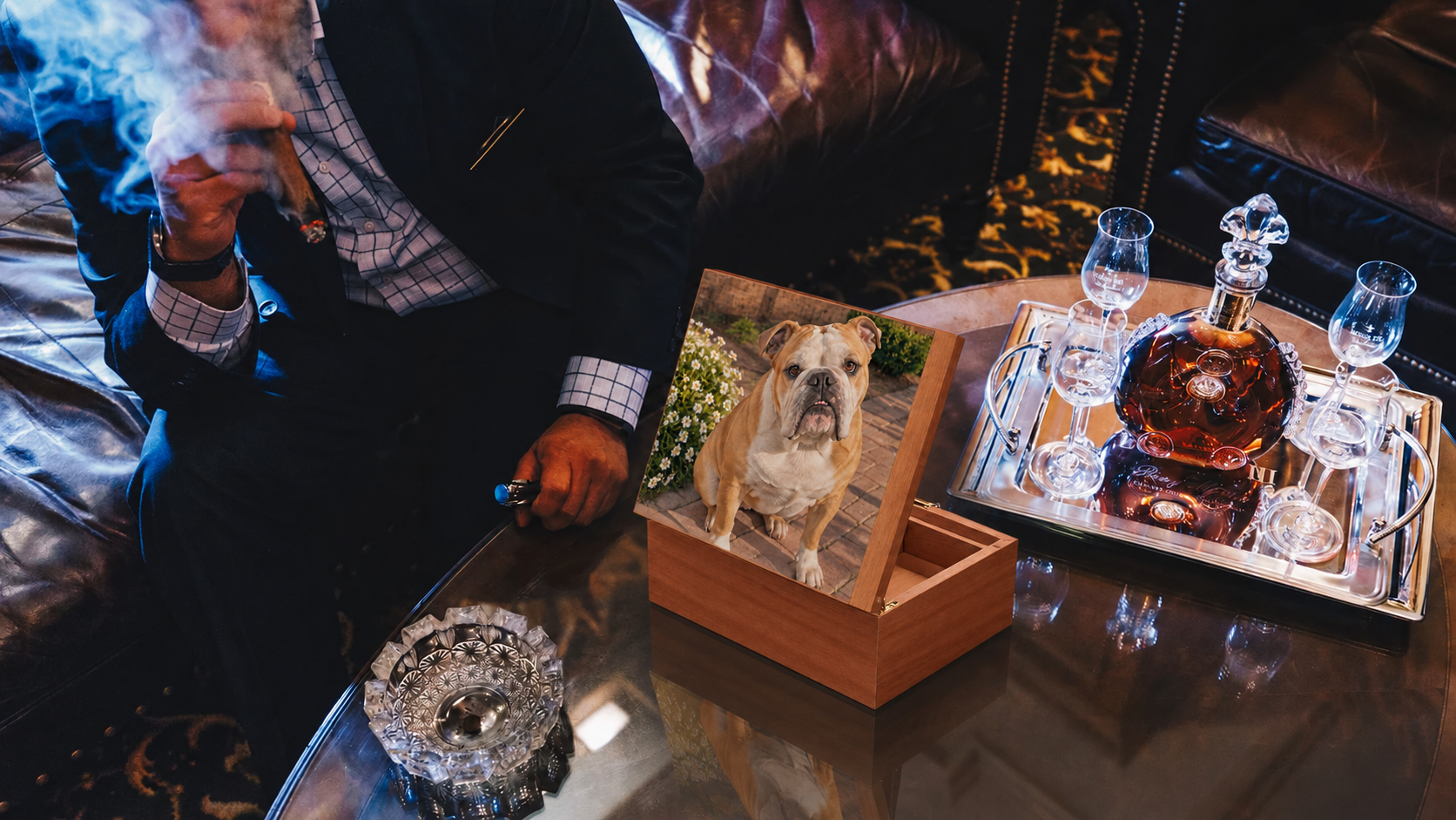 Personalized photo cigar humidor in a classic cigar lounge