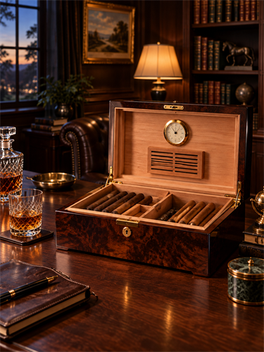 Open desktop cigar humidor with cedar interior and cigars