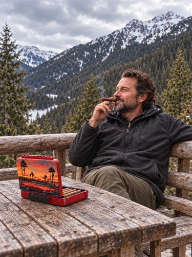Personalized red cigar travel case used outdoors