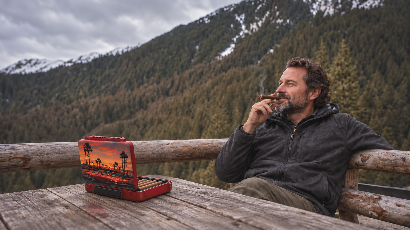 Red custom cigar travel case at a mountain retreat