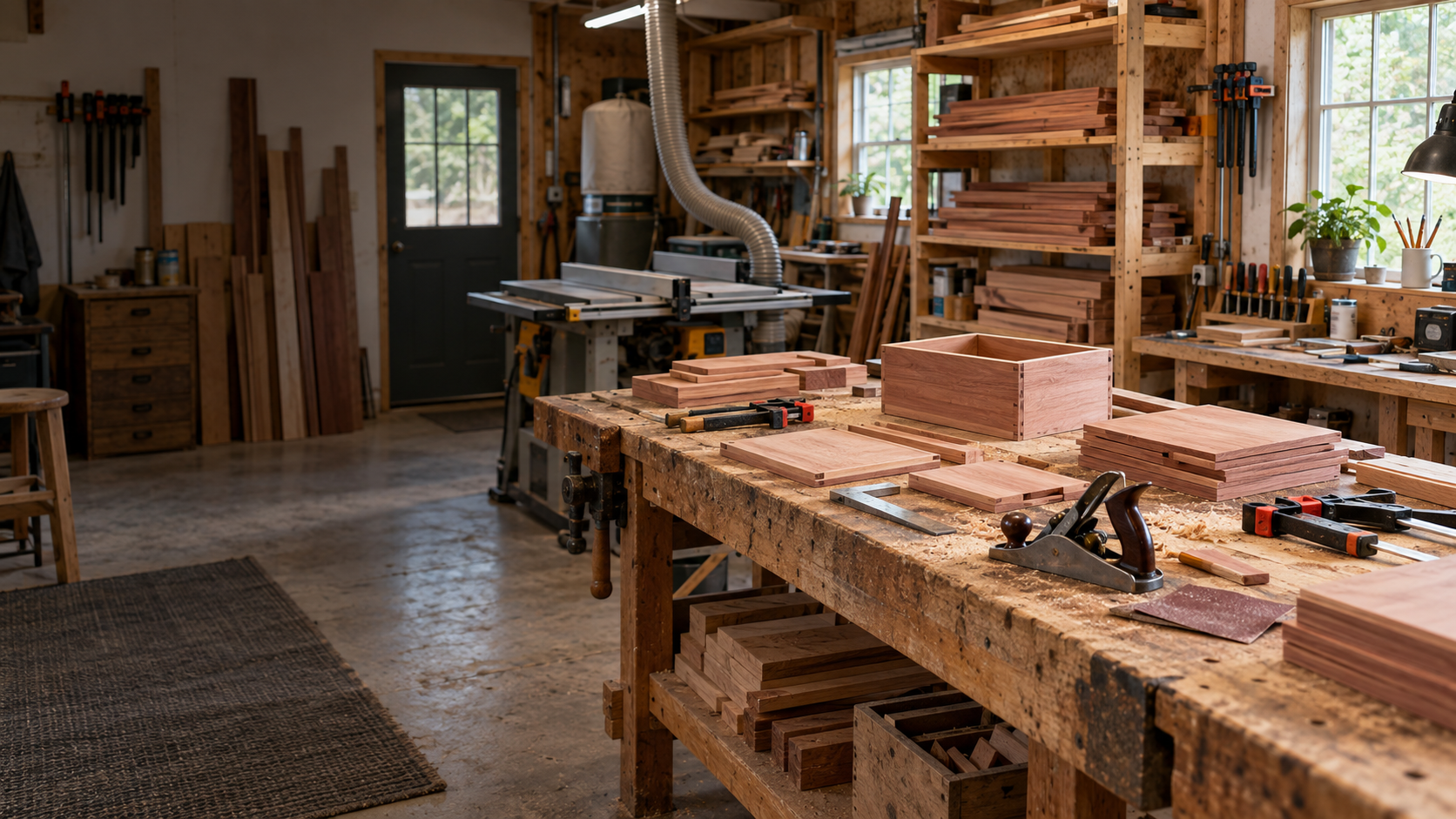 Traditional cedar cigar humidor workshop with hand tools