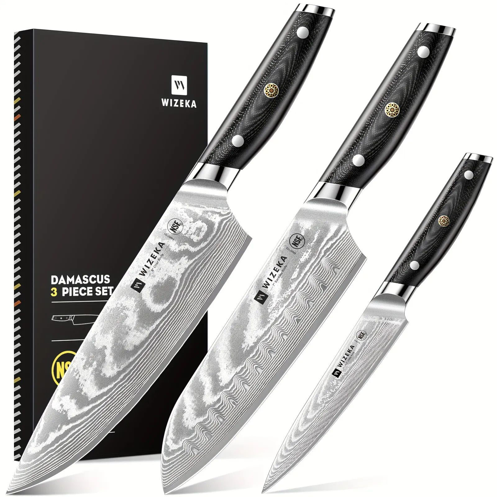 WIZEKA 3 peças conjunto de faca de damasco VG10 aço japonês afiado conjunto de faca de cozinha profissional conjunto de faca de chef cabo ergonómico caixa de presente
