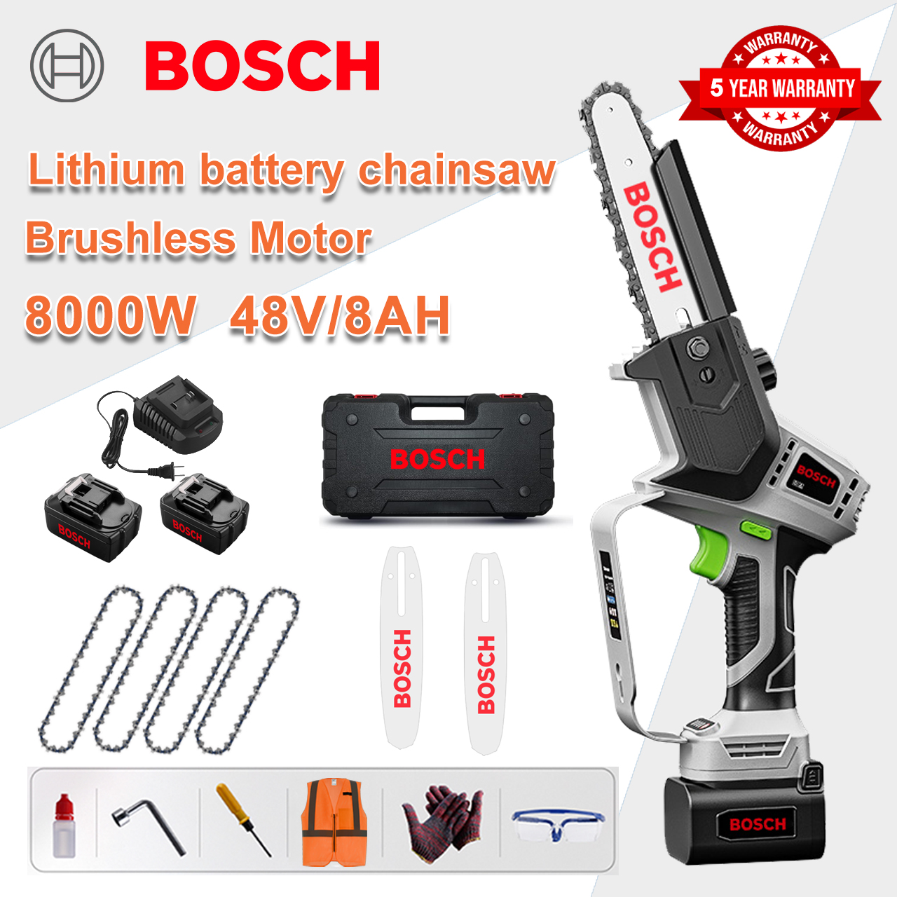 Zmogljiva brezkrtačna verižna žaga Bosch 12000 W 96 V z litijevo baterijo