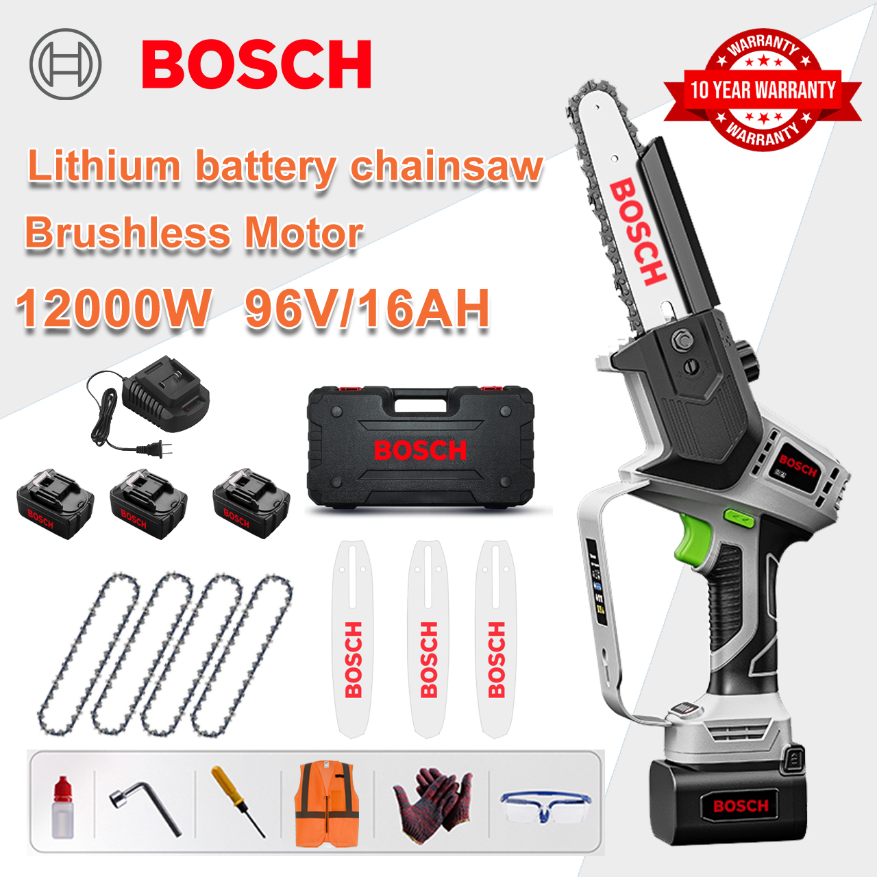 Zmogljiva brezkrtačna verižna žaga Bosch 12000 W 96 V z litijevo baterijo