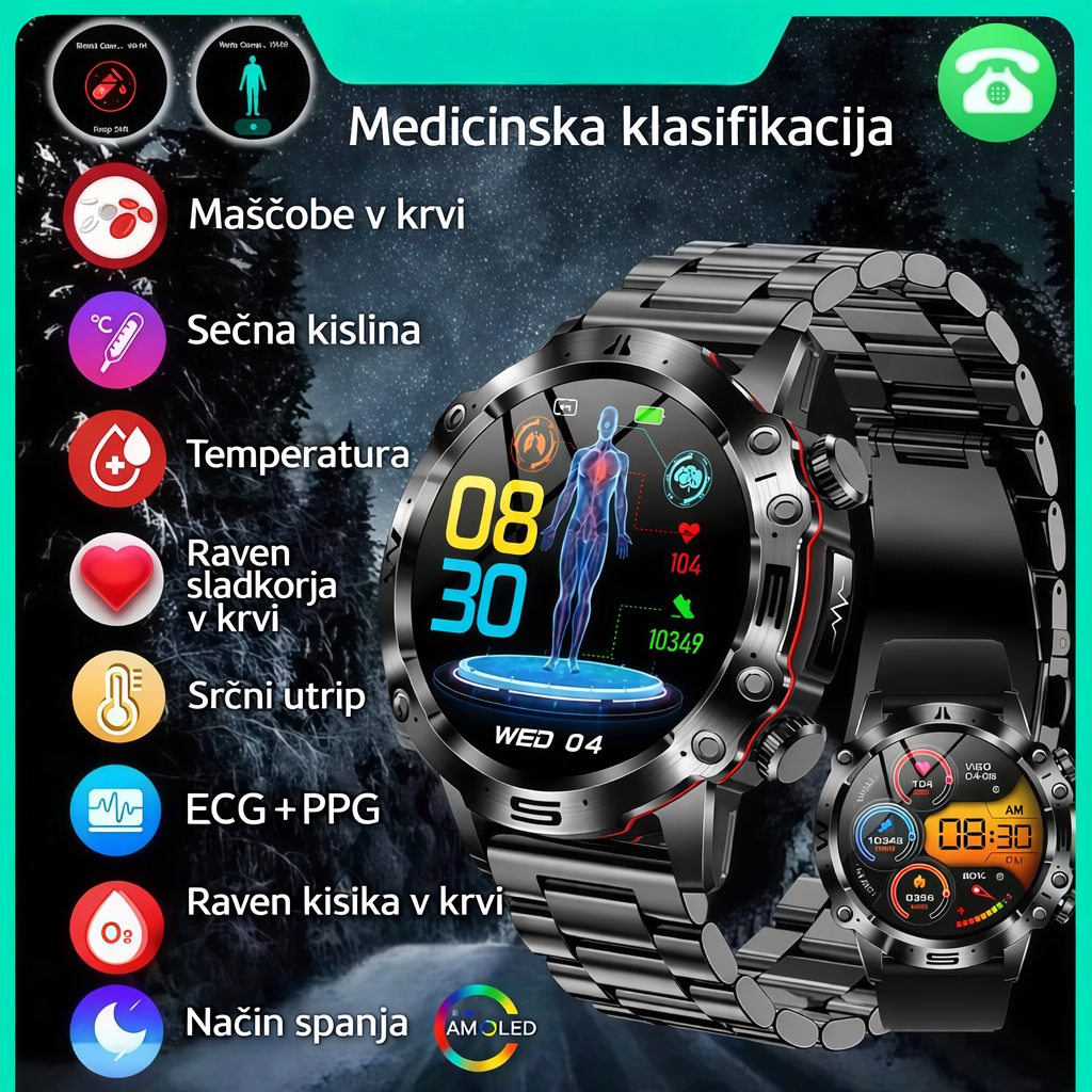 Pametna zdravstvena ura, ki lahko meri elektrokardiograme in pulzne valove s fotopletizmografijo (PPG) ter spremlja krvni sladkor, krvne lipide in sečno kislino.