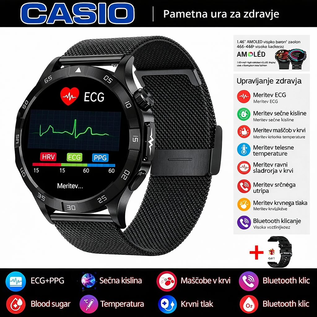 Pametna ura CASIO za zdravje – merjenje EKG in PPG, spremljanje ravni sladkorja v krvi, maščob v krvi in ​​sečne kisline