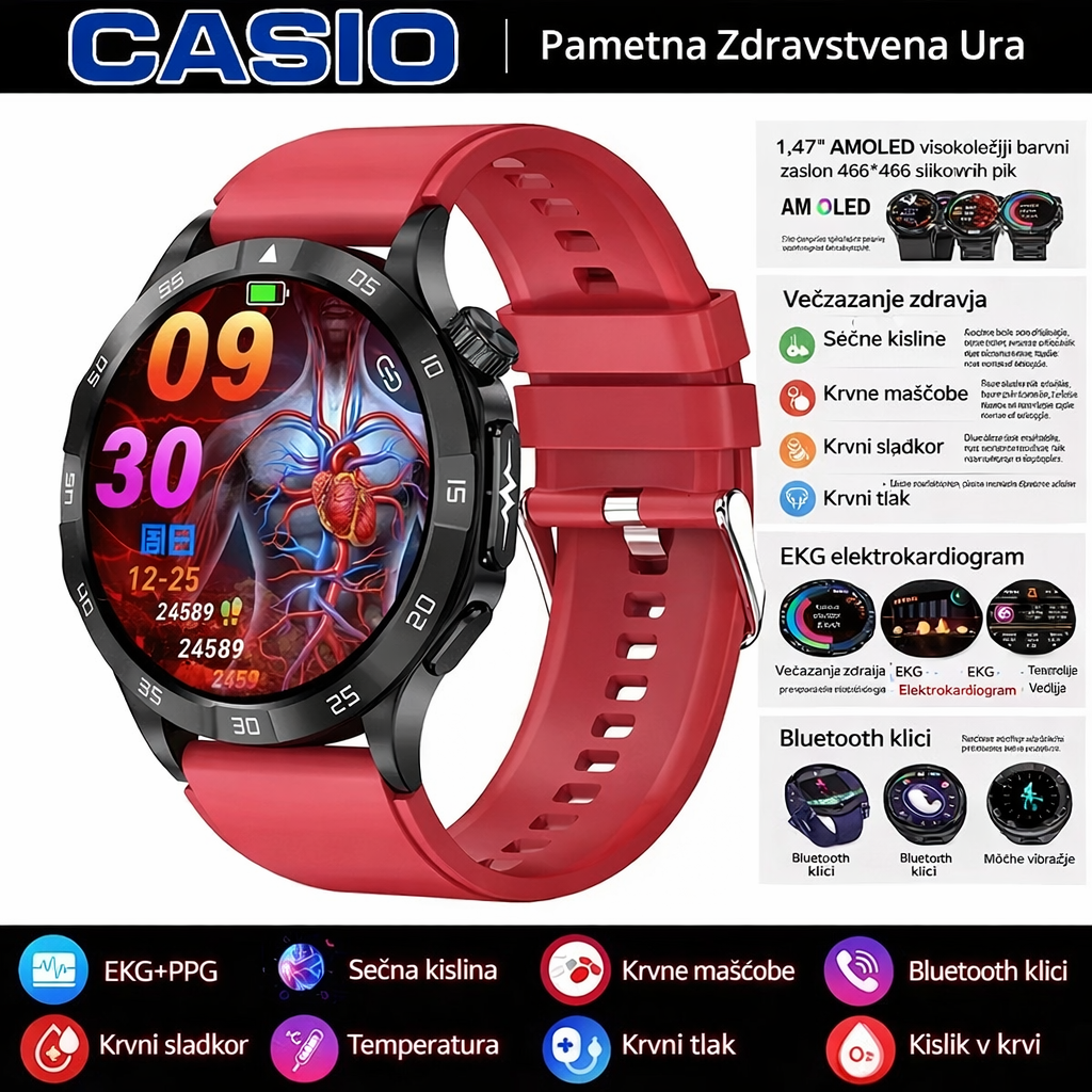 Pametna ura CASIO za zdravje – merjenje EKG in PPG, spremljanje ravni sladkorja v krvi, maščob v krvi in ​​sečne kisline