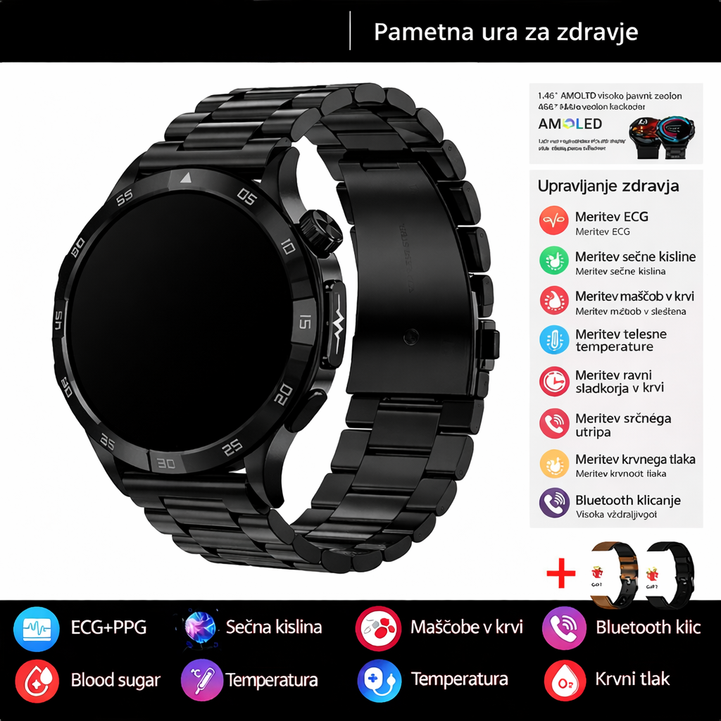 Pametna zdravstvena ura, ki lahko meri elektrokardiograme in pulzne valove s fotopletizmografijo (PPG) ter spremlja krvni sladkor, krvne lipide in sečno kislino.