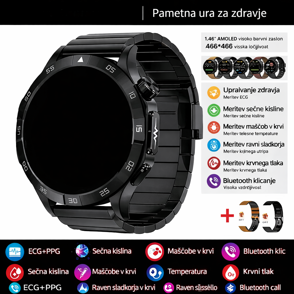 Pametna zdravstvena ura, ki lahko meri elektrokardiograme in pulzne valove s fotopletizmografijo (PPG) ter spremlja krvni sladkor, krvne lipide in sečno kislino.