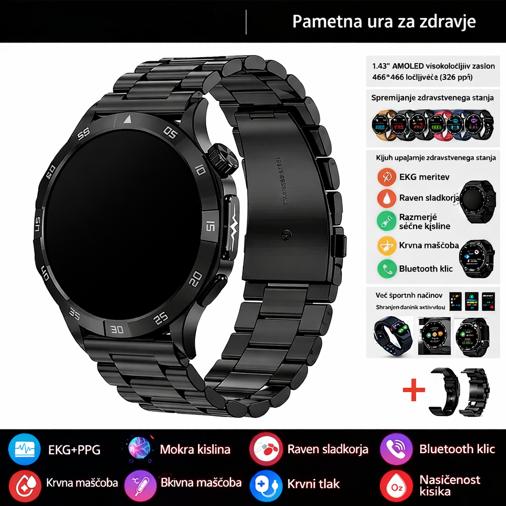 Pametna zdravstvena ura, ki lahko meri elektrokardiograme in pulzne valove s fotopletizmografijo (PPG) ter spremlja krvni sladkor, krvne lipide in sečno kislino.