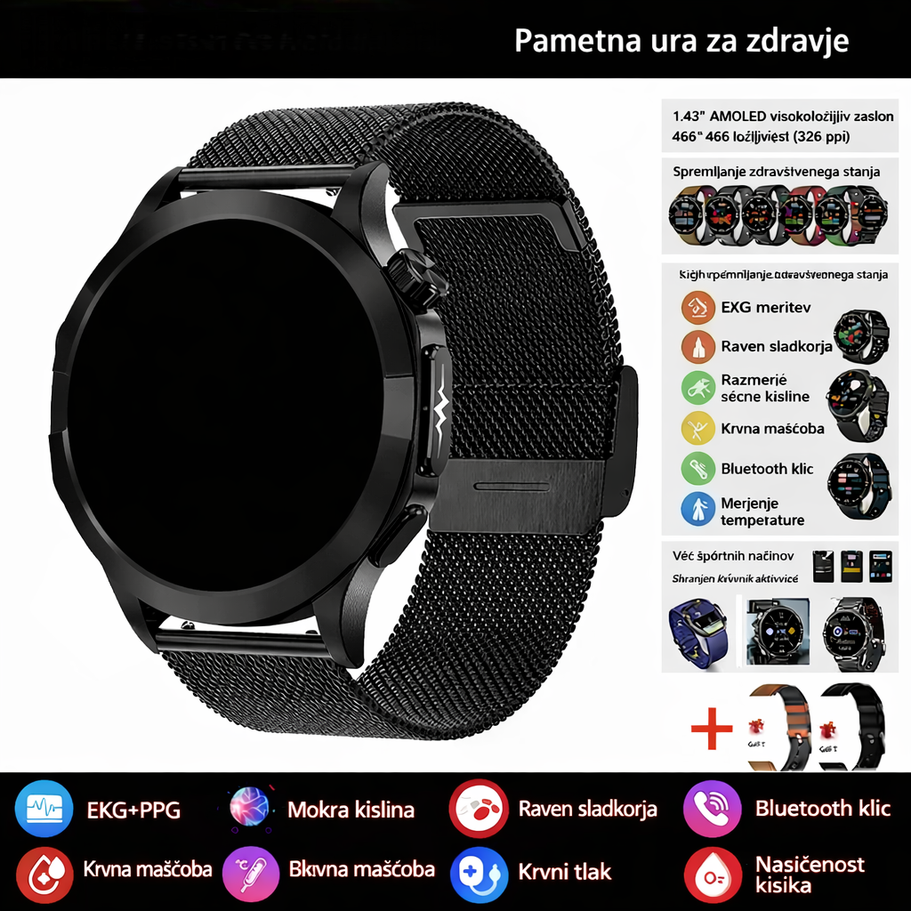 Pametna zdravstvena ura, ki lahko meri elektrokardiograme in pulzne valove s fotopletizmografijo (PPG) ter spremlja krvni sladkor, krvne lipide in sečno kislino.