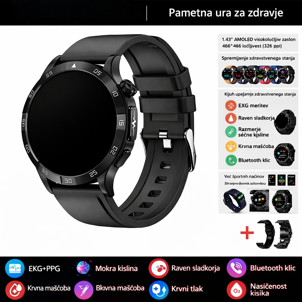 Pametna zdravstvena ura, ki lahko meri elektrokardiograme in pulzne valove s fotopletizmografijo (PPG) ter spremlja krvni sladkor, krvne lipide in sečno kislino.