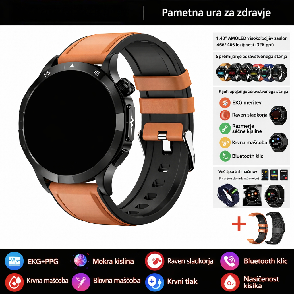 Pametna zdravstvena ura, ki lahko meri elektrokardiograme in pulzne valove s fotopletizmografijo (PPG) ter spremlja krvni sladkor, krvne lipide in sečno kislino.