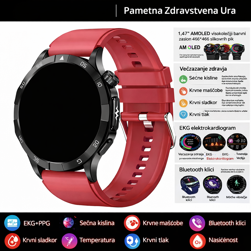 Pametna zdravstvena ura, ki lahko meri elektrokardiograme in pulzne valove s fotopletizmografijo (PPG) ter spremlja krvni sladkor, krvne lipide in sečno kislino.