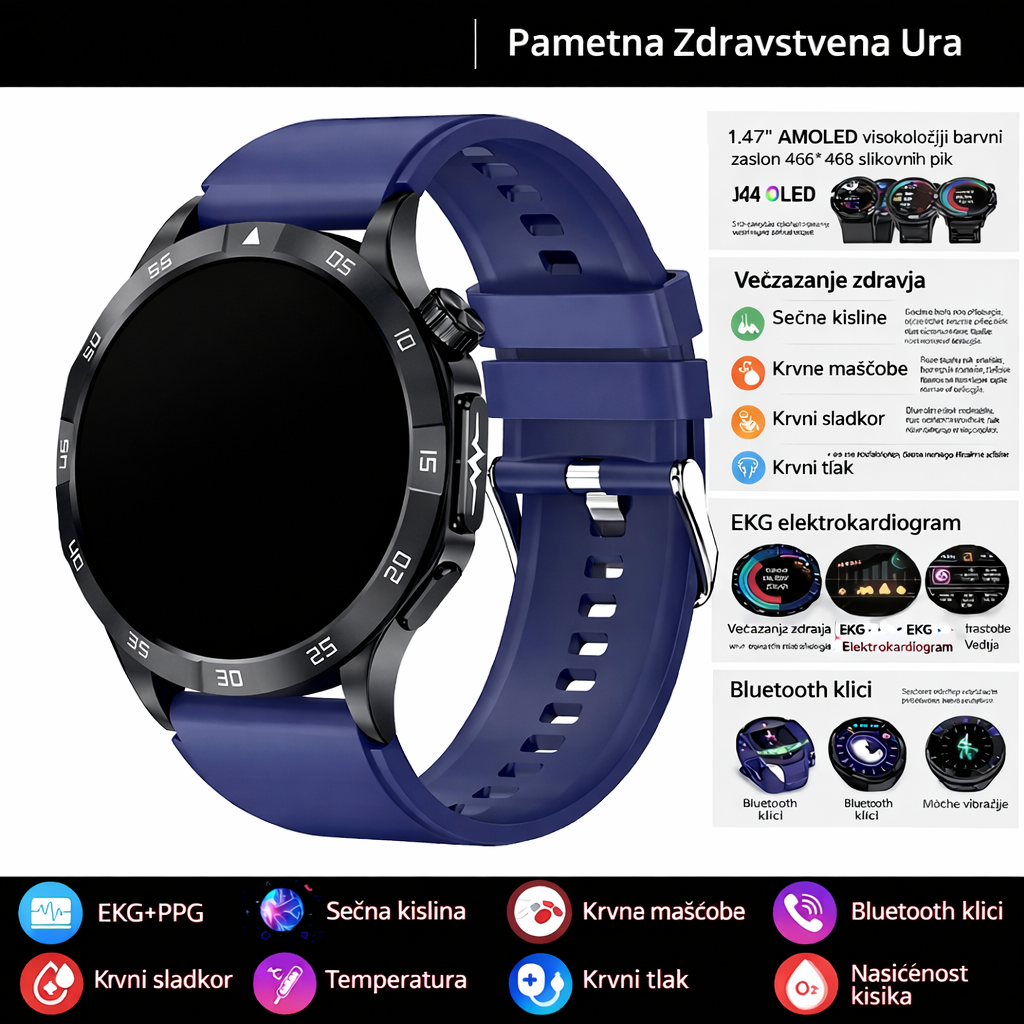 Pametna zdravstvena ura, ki lahko meri elektrokardiograme in pulzne valove s fotopletizmografijo (PPG) ter spremlja krvni sladkor, krvne lipide in sečno kislino.