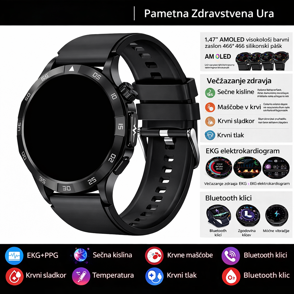 Pametna zdravstvena ura, ki lahko meri elektrokardiograme in pulzne valove s fotopletizmografijo (PPG) ter spremlja krvni sladkor, krvne lipide in sečno kislino.