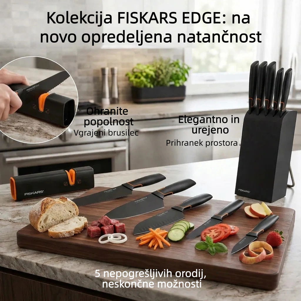🍽️Omejena izdaja|  FISKARS® 5-DELNI KOMPLET NOŽEV V FISKARS EDGE BLOCKU, OSTRI KUHINJSKI NOŽ + KOMPLET ZA BRUSENJE