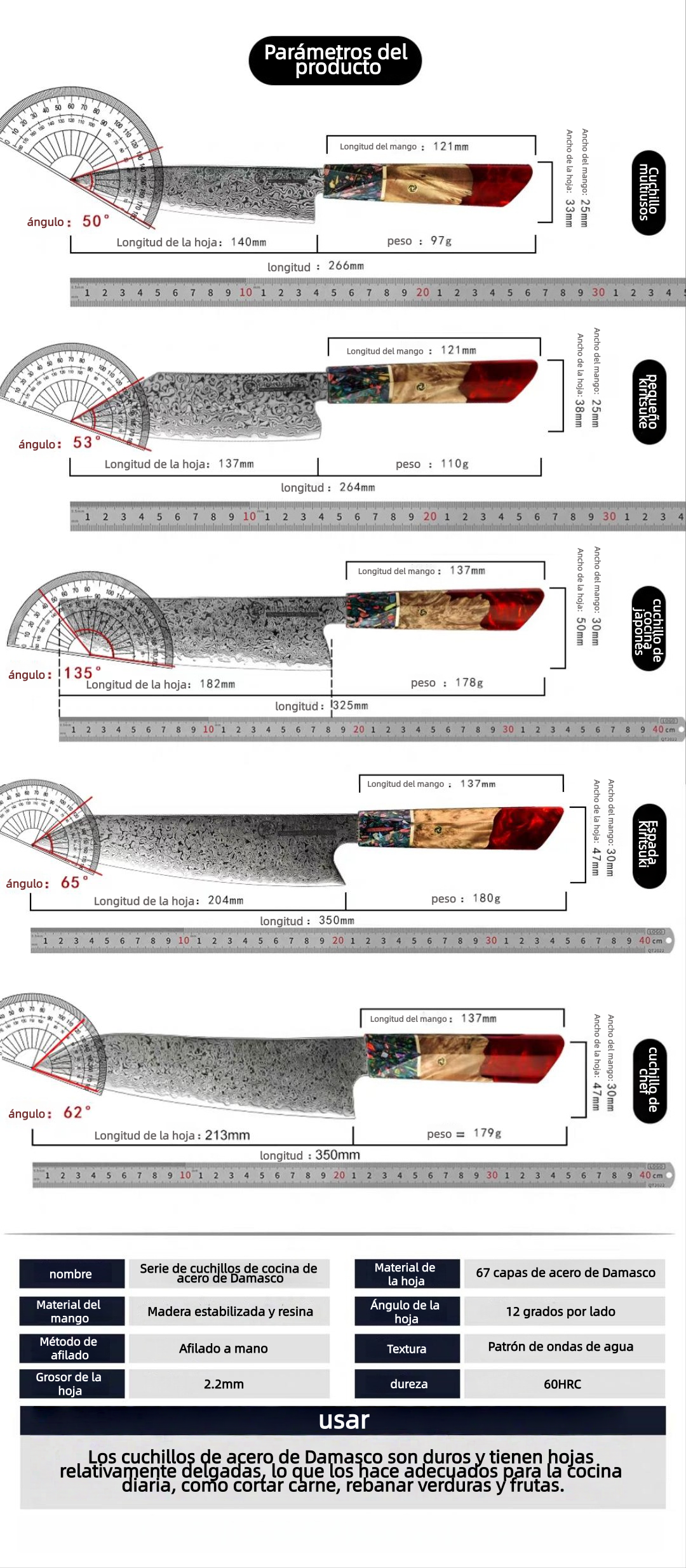 GUAN DAMASCUS CHEF KITS KASUMI™Artesanía forjada a mano, hoja súper dura, la hoja cortará todo lo que toque.