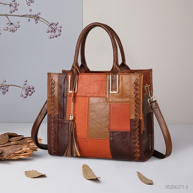 🎁 ¡Descuento del 48% en todos los productos! LujoEspléndido🌟💼Bolso de mano de cuero genuino retro, bolso de hombro con costuras de bloques de color, bolso de lujo con doble asa