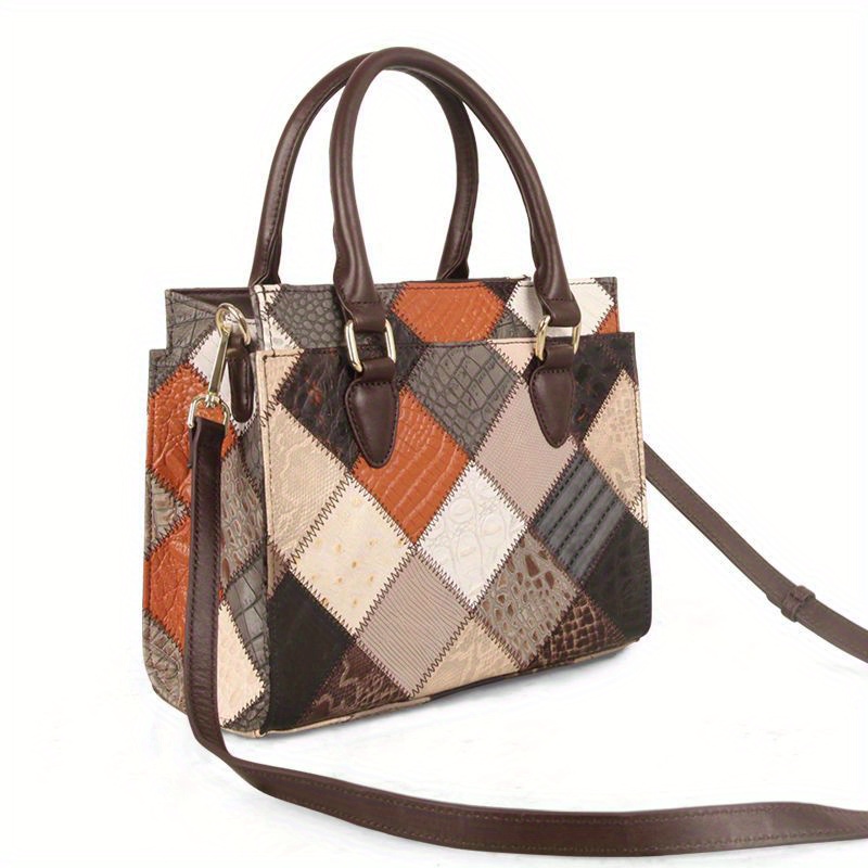 🎁 ¡Descuento del 48% en todos los productos!LujoEspléndido🌟💼Bolso de mano de cuero genuino retro, bolso de mano con costuras de bloques de color, bolso cruzado con patrón de rombos para mujeres