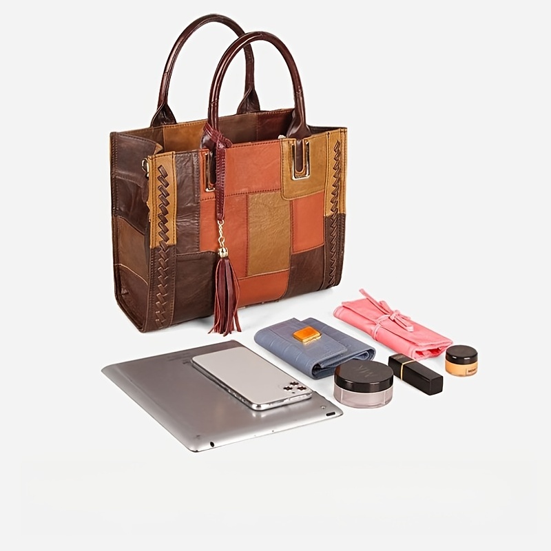 🎁 ¡Descuento del 48% en todos los productos! LujoEspléndido🌟💼Bolso de mano de cuero genuino retro, bolso de hombro con costuras de bloques de color, bolso de lujo con doble asa