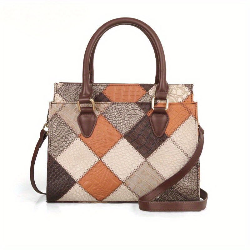 🎁 ¡Descuento del 48% en todos los productos!LujoEspléndido🌟💼Bolso de mano de cuero genuino retro, bolso de mano con costuras de bloques de color, bolso cruzado con patrón de rombos para mujeres