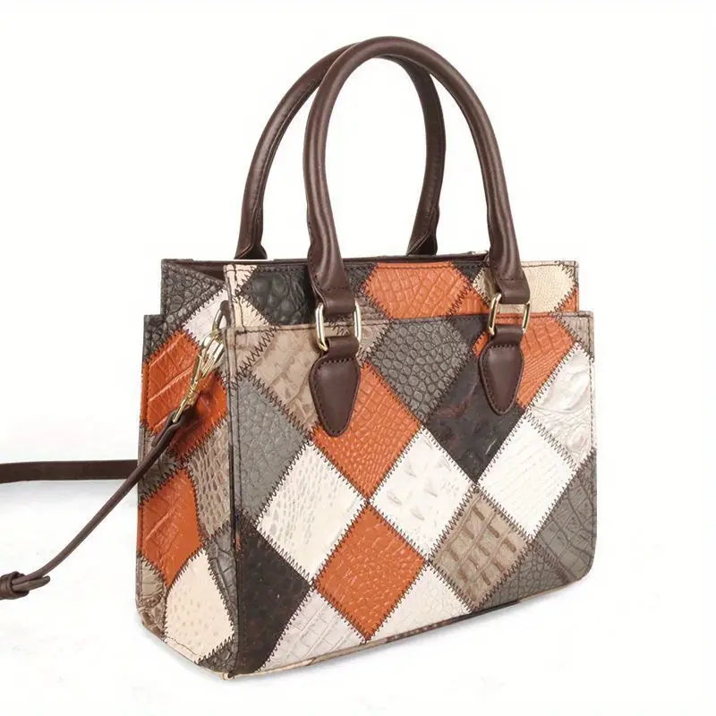 🎁 ¡Descuento del 48% en todos los productos!LujoEspléndido🌟💼Bolso de mano de cuero genuino retro, bolso de mano con costuras de bloques de color, bolso cruzado con patrón de rombos para mujeres