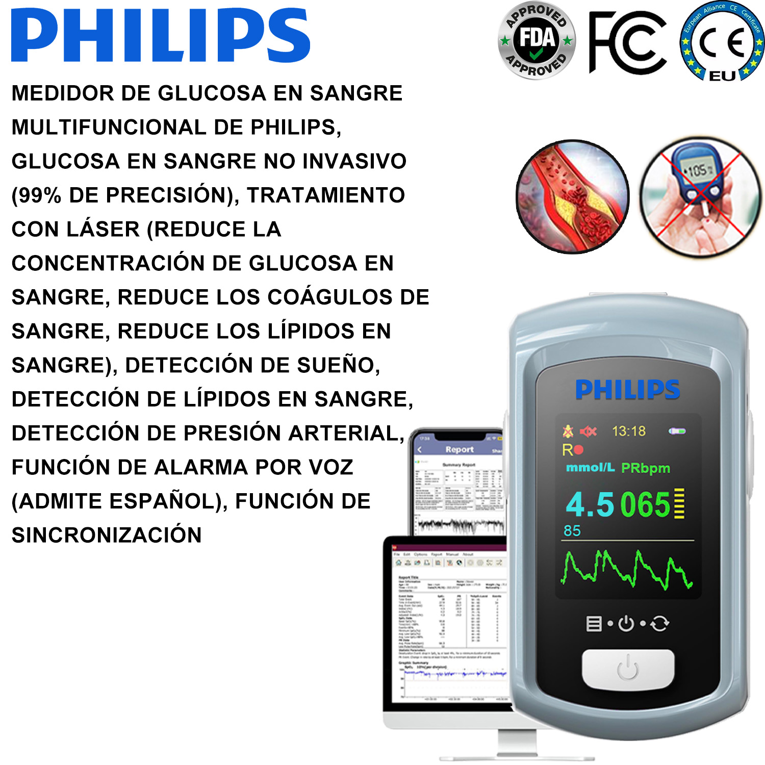 Medidor de glucosa en sangre no invasivo con láser Philips 2025, sin necesidad de extracción de sang