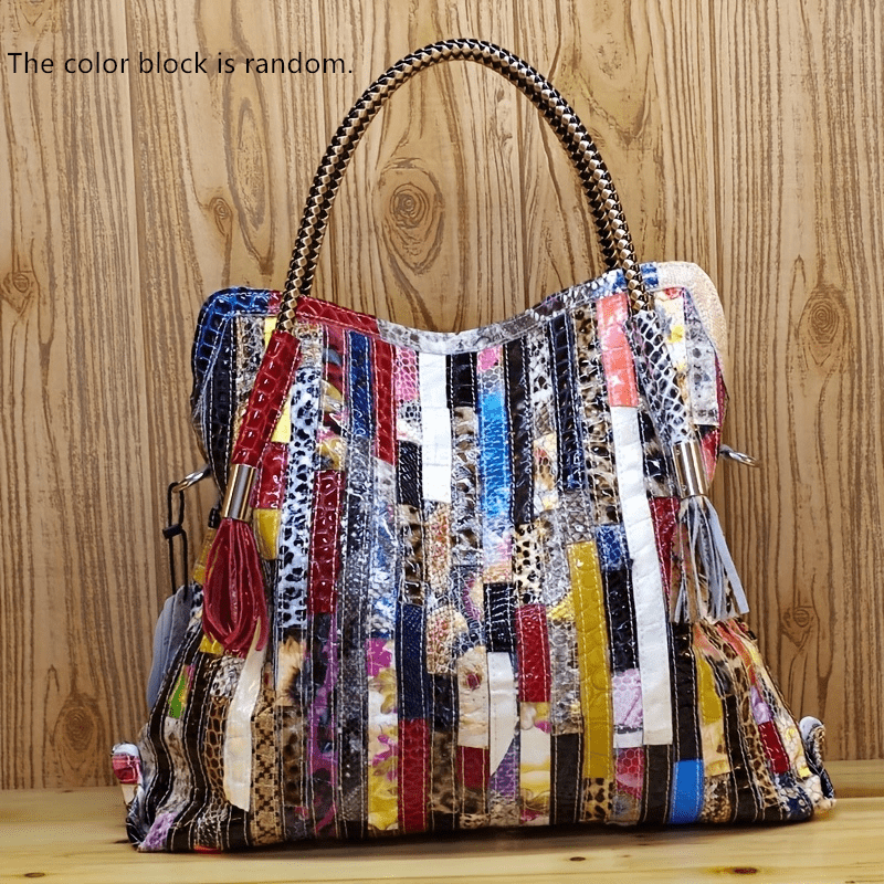🎁 ¡Descuento del 48% en todos los productos! Bolso de mano de piel de serpiente vintage, bolso de hombro a rayas coloridas a juego, bolso hobo de cuero para mujer
