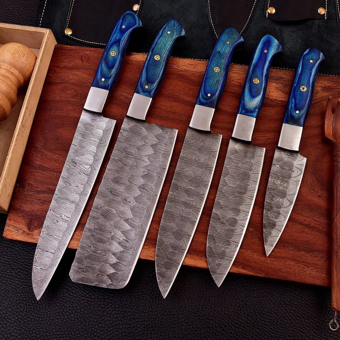 Personalised Damascus Steel Chef Set, Carbon Steel Chef Knif Set For Kitchen, Damascus Handmade Kitchen Set For Easter Gift, Cooking Knif.