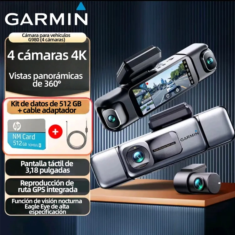 Cámara para coche Garmin G980 con IA y control por voz, cuatro cámaras, vista panorámica de 360°, visión nocturna 4K Ultra HD y seguimiento GPS