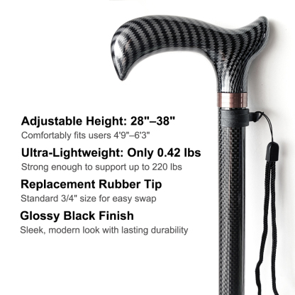 10-Level Adjustable Carbon Fiber Cane - Ultralight Walking Stick with Anti-Slip Rubber Tip