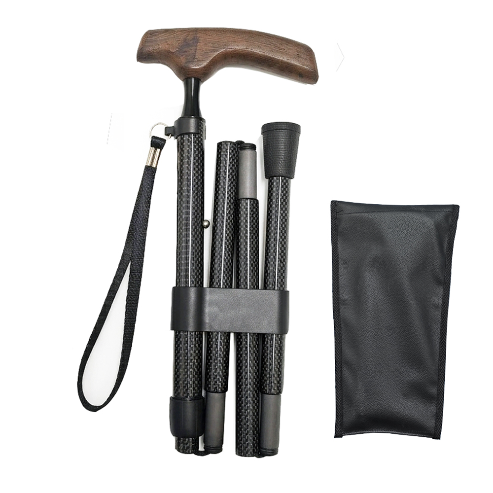 Carbon Fiber Foldable Cane with Ergonomic Wood Handle, Wrist Strap - Includes Carrying Case