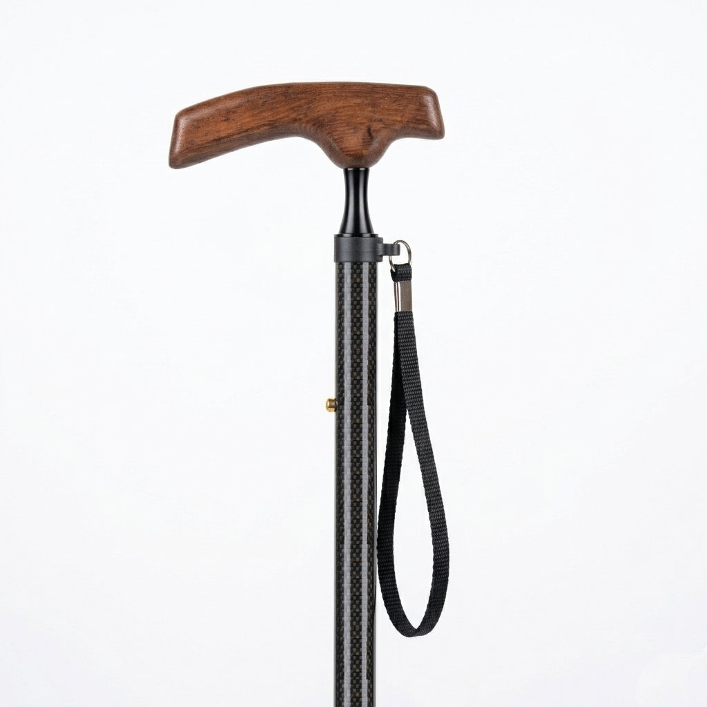 Carbon Fiber Foldable Cane with Ergonomic Wood Handle, Wrist Strap - Includes Carrying Case