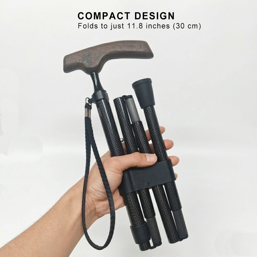 Carbon Fiber Foldable Cane with Ergonomic Wood Handle, Wrist Strap - Includes Carrying Case