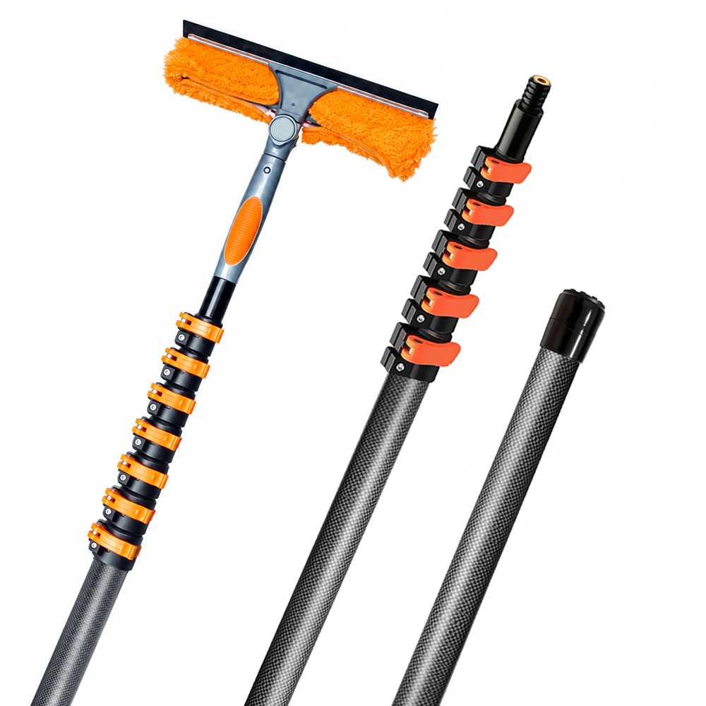 Carbon Fiber Telescoping Window Cleaning Pole with 2-in-1 Squeegee & Scrubber Kit