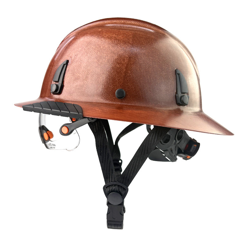 Fiberglass Full Brim Hard Hat with Built-In Safety Goggles, 6 Point Ratchet Suspension