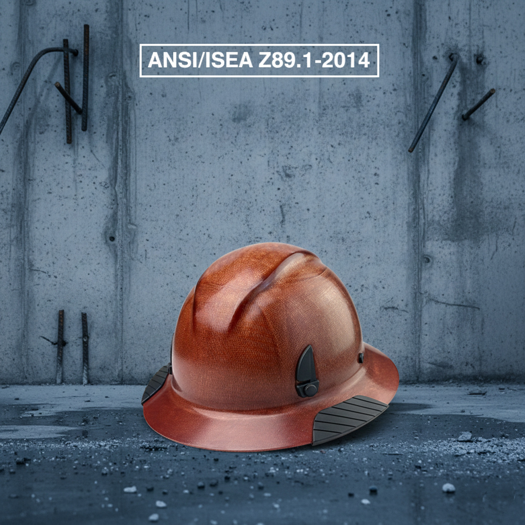 Fiberglass Full Brim Hard Hat with Built-In Safety Goggles, 6 Point Ratchet Suspension