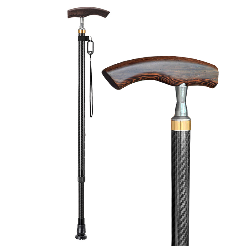 Genuine 3K Carbon Fiber Adjustable Cane with Natural Wood Handle