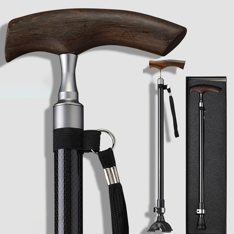 Lightweight Adjustable Carbon Fiber Cane with Ergonomic Wooden Handle