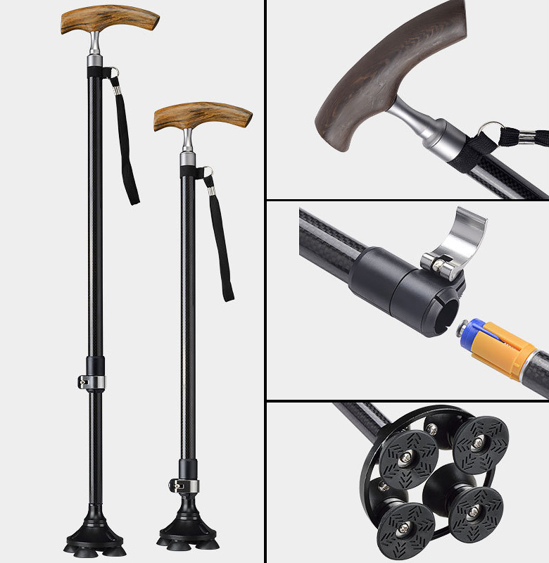 Lightweight Adjustable Carbon Fiber Cane with Ergonomic Wooden Handle