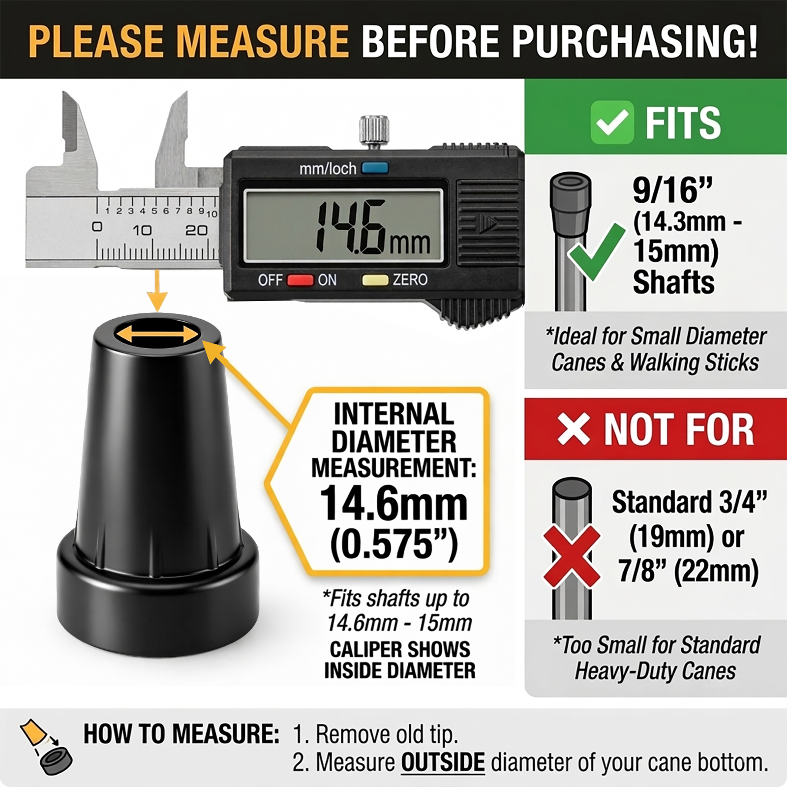 Rubber Cane Tips - 9/16" (15mm) Replacement Feet with Metal Reinforcement