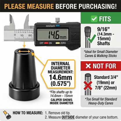 Rubber Cane Tips - 9/16" (15mm) Replacement Feet with Metal Reinforcement