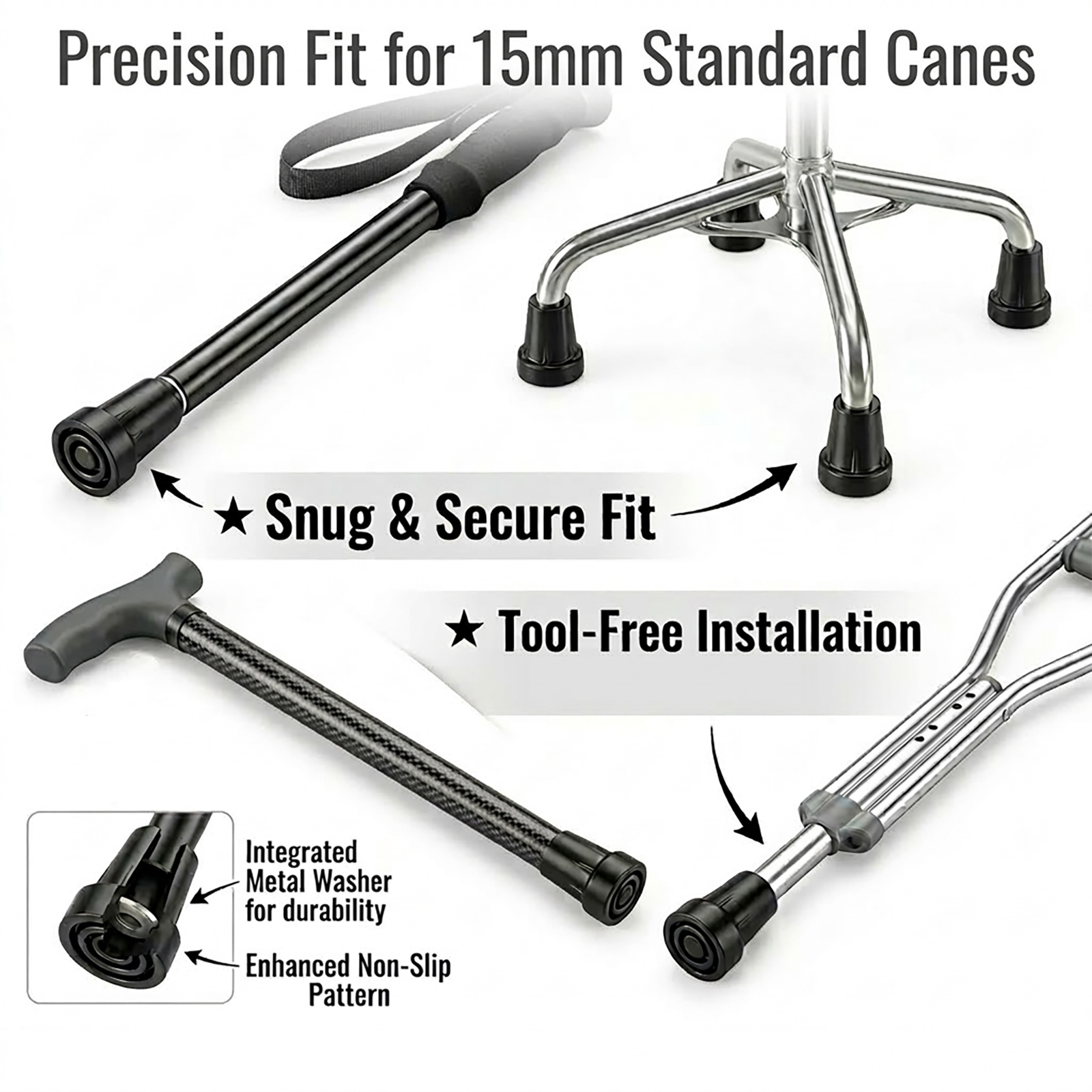 Rubber Cane Tips - 9/16" (15mm) Replacement Feet with Metal Reinforcement